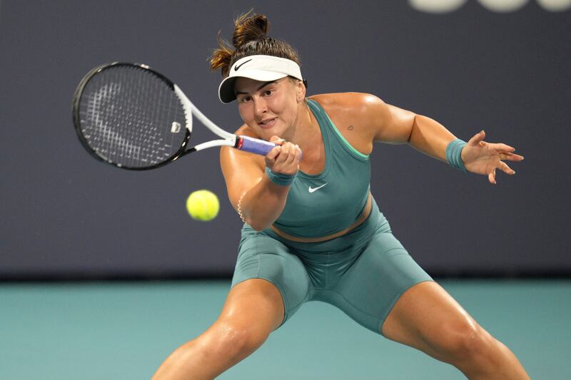 Bianca Andreescu during her match against Ekaterina Alexandrova at the Miami Open before the Canadian picked up what looked like a serious injury on March 28, 2023. AP