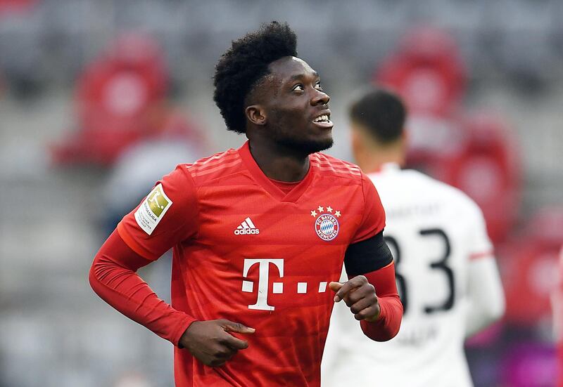 Bayern Munich's Alphonso Davies celebrates scoring against Eintracht Frankfurt. EPA