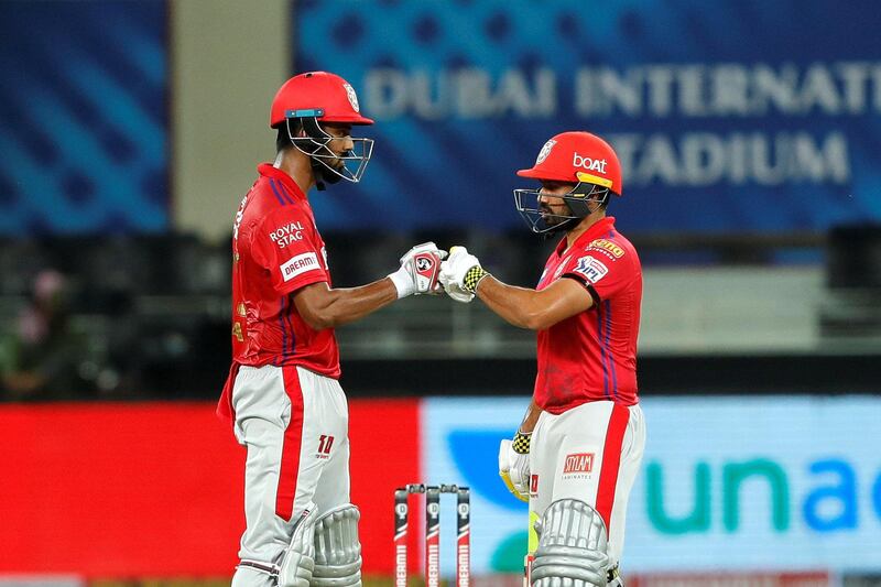 KL Rahul captain of Kings XI Punjab  and Karun Nair of Kings XI Punjab  during match 6 of season 13, Dream 11 Indian Premier League (IPL) between Kings XI Punjab and Royal Challengers Bangalore held at the Dubai International Cricket Stadium, Dubai in the United Arab Emirates on the 24th September 2020.  Photo by: Saikat Das  / Sportzpics for BCCI