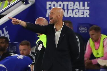 Manchester United's Dutch manager Erik ten Hag gestures on the touchline during the English Premier League football match between Leicester City and Manchester United at King Power Stadium in Leicester, central England on September 1, 2022.  (Photo by Geoff Caddick / AFP) / RESTRICTED TO EDITORIAL USE.  No use with unauthorized audio, video, data, fixture lists, club/league logos or 'live' services.  Online in-match use limited to 120 images.  An additional 40 images may be used in extra time.  No video emulation.  Social media in-match use limited to 120 images.  An additional 40 images may be used in extra time.  No use in betting publications, games or single club/league/player publications.   /  