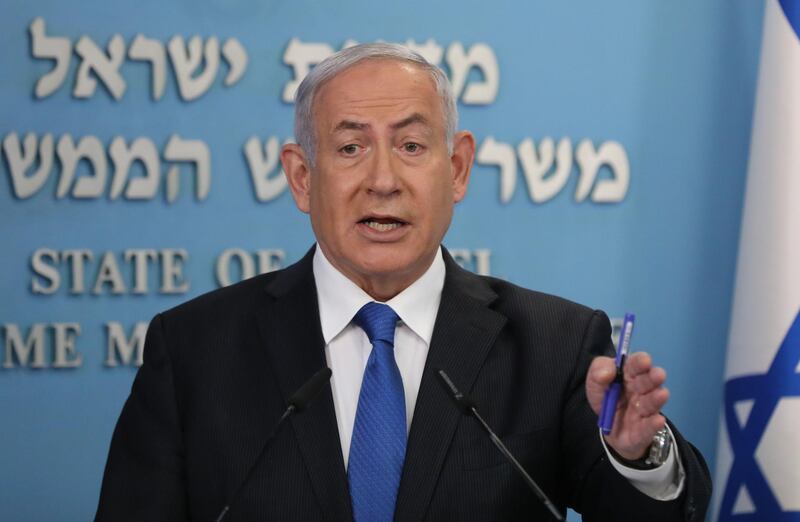 Israeli Prime Minister Benjamin Netanyahu gives a press conference in Jerusalem on August 13, 2020. Israel and the UAE agreed to normalise relations in a landmark US-brokered deal, only the third such accord the Jewish state has struck with an Arab nation. The agreement, first announced by US President Donald Trump on Twitter, will see Israel halt its plan to annex large parts of the occupied West Bank, according to the UAE. / AFP / POOL / Abir SULTAN
