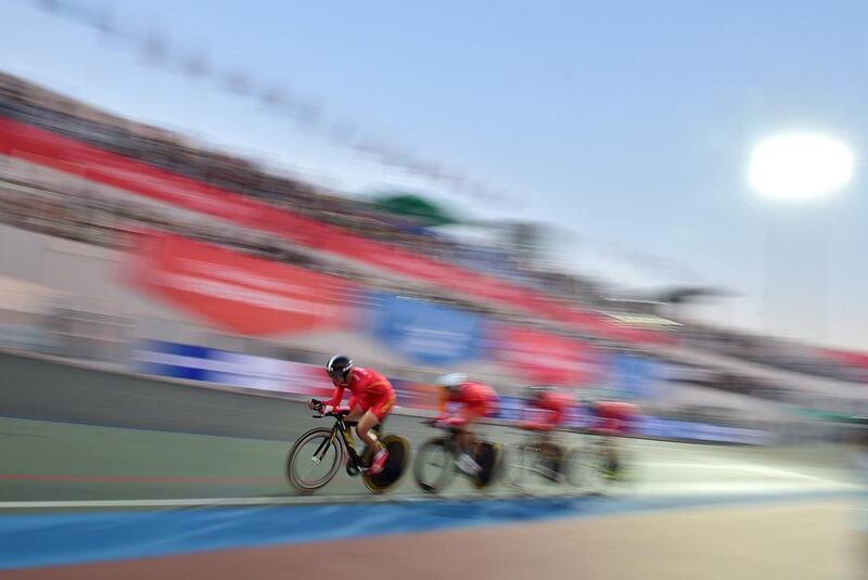 China's Liu Hao, Shi Tao, Qin Chenlu and Yuan Zhong compete in the men's track cycling final at the 2014 Asian Games on Sunday. Jung Yeon-je / AFP