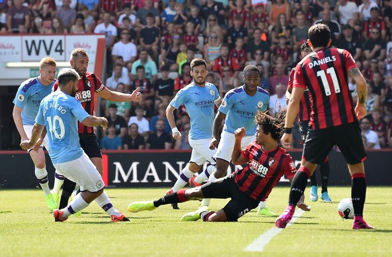 Manchester City's Sergio Aguero lashes home the opening goal in a 3-1 win away at Bournemouth. AFP