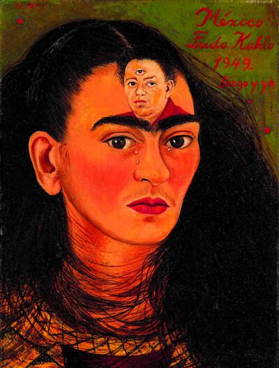 The artwork features the image of Frida Kahlo's husband, Diego Rivera, on her forehead. AP