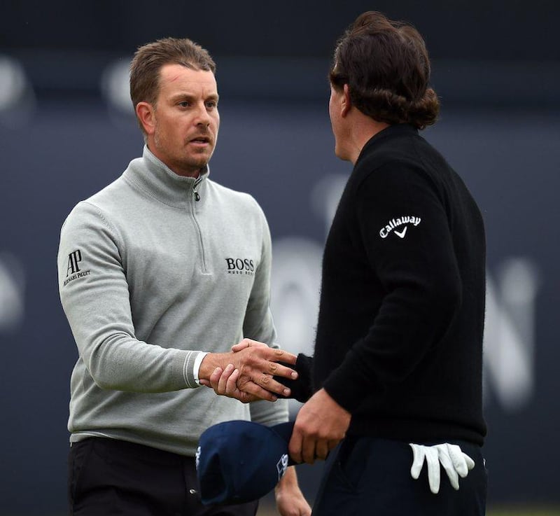 British Open leader Henrik Stenson, left, and Phil Mickelson, right, tee off at 5.35pm UAE time. Glyn Kirk / AFP

