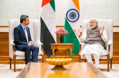 Sheikh Abdullah bin Zayed, Minister of Foreign Affairs and International Co-operation, meets with Indian Prime Minister Narendra Modi on Monday. Wam