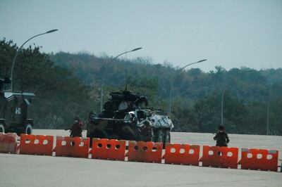 Myanmar's military checkpoint is seen on the way to the congress compound in Naypyitaw, Myanmar, February 1, 2021. REUTERS/Stringer