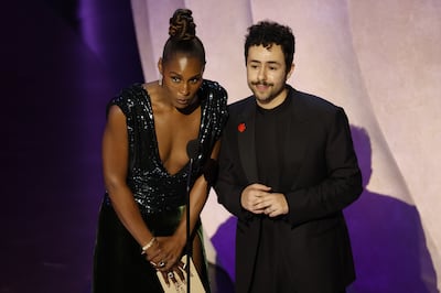 Presenters for Best Live Action Short Film Issa Rae and Ramy Youssef, with the latter wearing a Gaza ceasefire pin. EPA