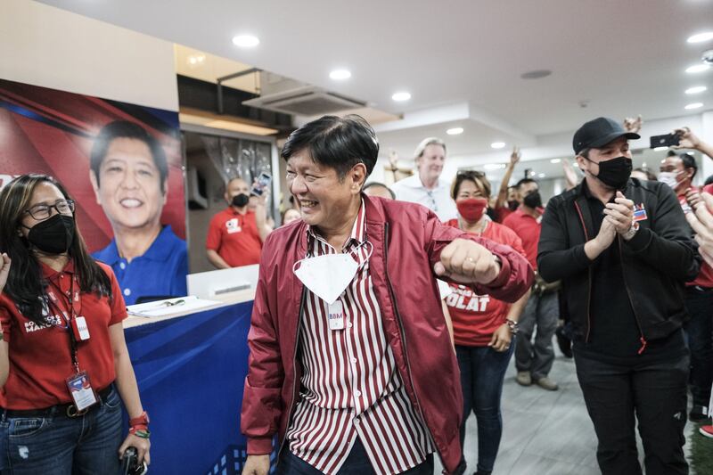 Philippines presidential candidate Ferdinand 'Bongbong' Marcos Jr arrives at his campaign headquarters, in Manila. Bloomberg
