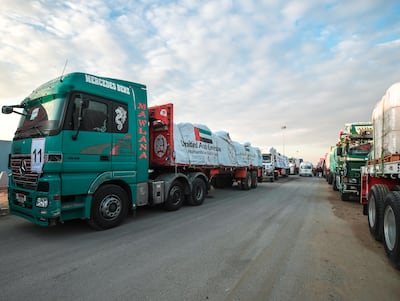 Fourteen UAE Aid to Gaza trucks passed through the Rafah border crossing between Egypt and Gaza on Monday. Victor Besa / The National