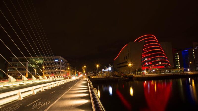 Dublin’s convention centre is lit up blood red during this year’s Bram Stoker Festival, which celebrates the life and works of the Dracula author. Courtesy akdigital