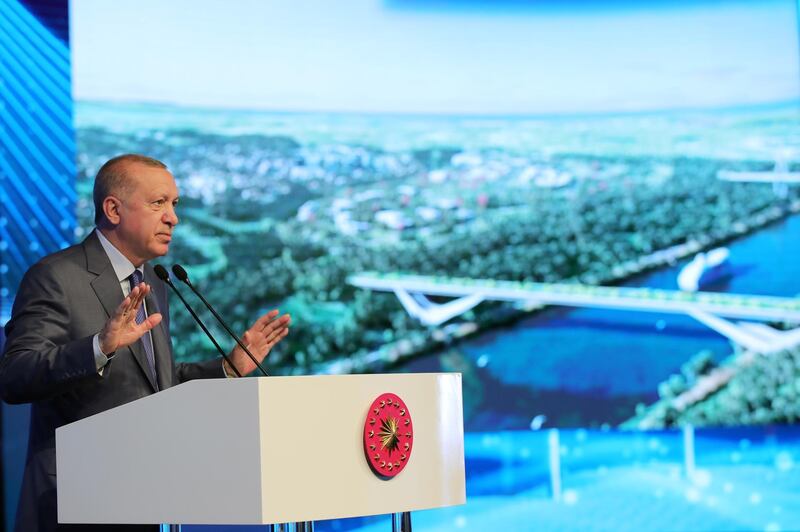 Turkish President Recep Tayyip Erdogan speaks during the ground-breaking ceremony of Sazlidere Bridge in Istanbul on June 26, 2021. Reuters