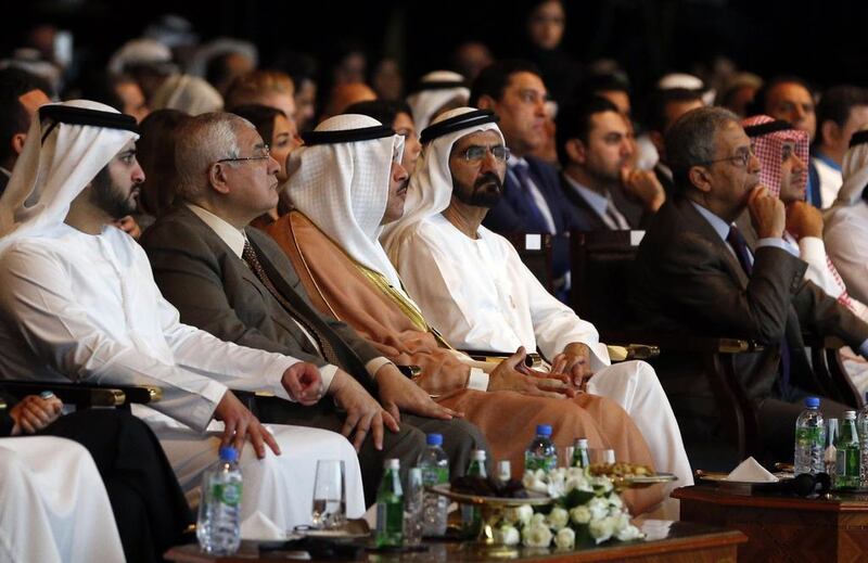 Sheikh Mohammed bin Rashid, Vice President and Ruler of Dubai, on Tuesday called on delegates attending the annual Arab Media Forum to speed up their efforts towards Arab rapproachment. Karim Sahib / AFP