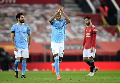 Manchester City's Fernandinho celebrates after scoring his side's second goal of the game during the Carabao Cup Semi-Final match at Old Trafford, Manchester. PA Photo. Picture date: Wednesday January 6, 2021. See PA story SOCCER Man Utd. Photo credit should read: Peter Powell/PA Wire. RESTRICTIONS: EDITORIAL USE ONLY No use with unauthorised audio, video, data, fixture lists, club/league logos or "live" services. Online in-match use limited to 120 images, no video emulation. No use in betting, games or single club/league/player publications.