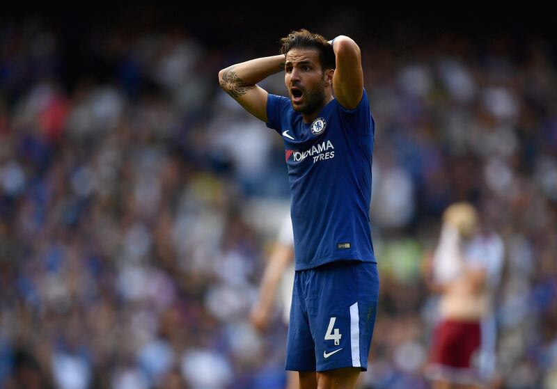 LONDON, ENGLAND - AUGUST 12:  Cesc Fabregas of Chelsea reacts in shock after being sent off during the Premier League match between Chelsea and Burnley at Stamford Bridge on August 12, 2017 in London, England.  (Photo by Dan Mullan/Getty Images)