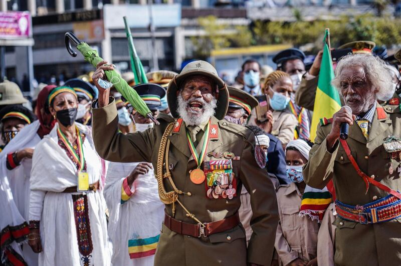 War veterans march during the celebration of the 80th patriots' day, commemorating the end of the Italian occupation, at Meyazia 27 Square in Addis Ababa, Ethiopia. AFP
