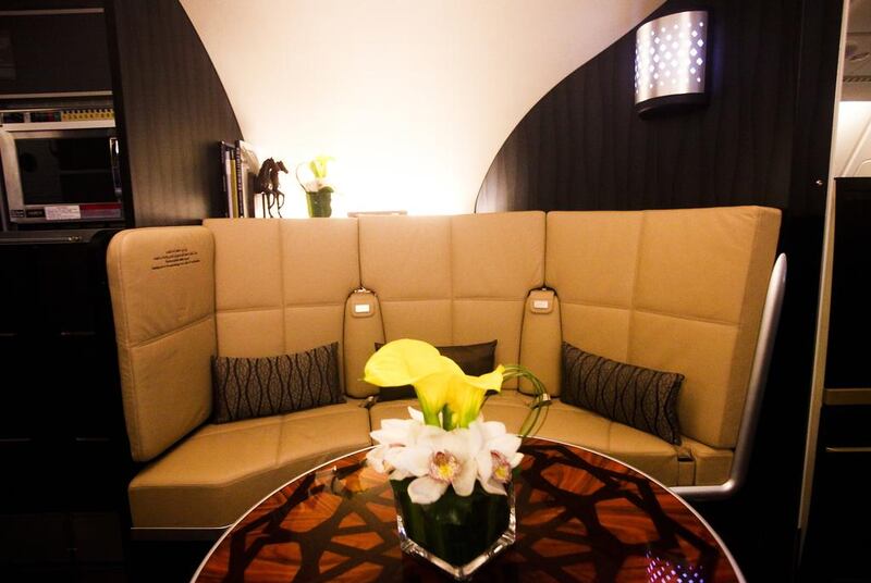 Above, the lounge area of on the top deck of Etihad Airways' Airbus A380. Lee Hoagland / The National