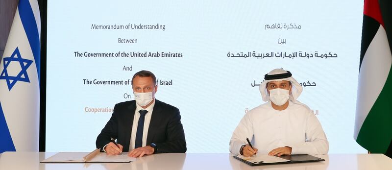 Dr Ahmad Al Falasi, Minister of State for Entrepreneurship and SMEs and chairman of the Emirates Tourism Council, and Yoel Razvozov, Israeli Minister of Tourism, signed an agreement to boost ties in tourism and the economy. Photo: Wam