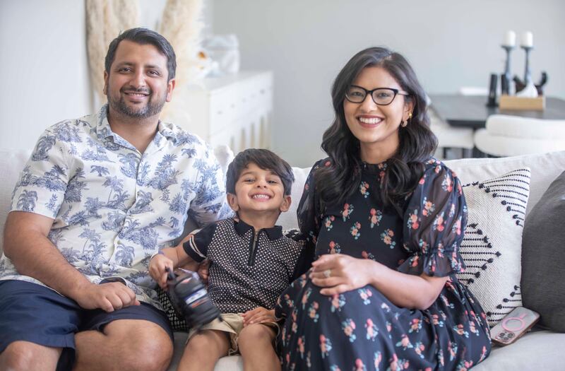 Crypto exchange consultant Misbah Baig and her husband, Nitish Verma, bought their five-bedroom Damac Hills villa for Dh5.25 million last year. They share it with their son, their live-in nanny and four cats. All photos: Leslie Pableo / The National