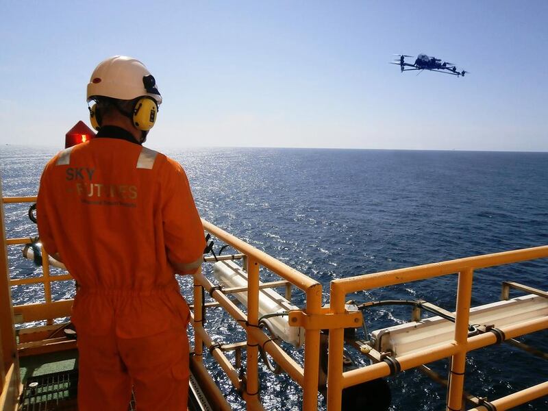 Above, a Sky-Futures drone inspects onshore plant in Abu Dhabi. Emirates Steel has similarly deployed drones to inspect two flares at its plant and avoided a five-day shutdown. Courtesy Sky-Futures