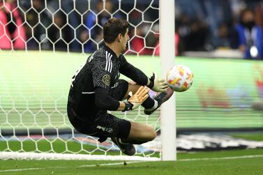 RIYADH, SAUDI ARABIA - JANUARY 11: Thibaut Courtois of Real Madrid saves a penalty in the shootout during the Super Copa de Espana match between Real Madrid and Valencia CF at King Fahd International Stadium on January 11, 2023 in Riyadh, Saudi Arabia. (Photo by Yasser Bakhsh / Getty Images)