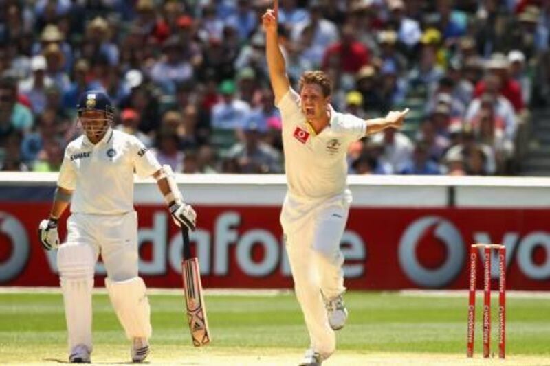 MELBOURNE, AUSTRALIA - DECEMBER 29:  James Pattinson of Australia celebrates  bowling Rahul Dravid of India during day four of the First Test match between Australia and India at the Melbourne Cricket Ground on December 29, 2011 in Melbourne, Australia.  (Photo by Mark Dadswell/Getty Images) *** Local Caption ***  136213499.jpg