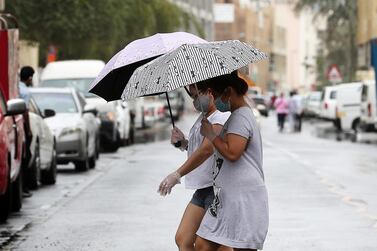 Pedestrians during an earlier bout of wet weather in Dubai last month. Pawan Singh / The National