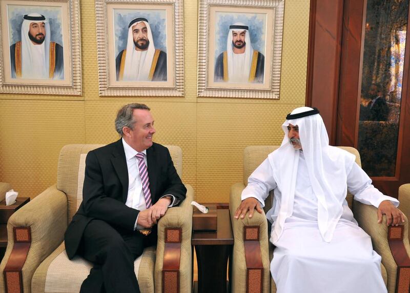 Sheikh Nahyan bin Mubarak, Minister of Culture and Knowledge Development, meets with Dr Liam Fox, UK Secretary of State for International Trade, on Monday. Wam