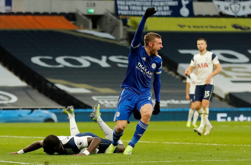 Leicester City's Jamie Vardy celebrates after his header led to Tottenham Hotspur's Toby Alderweireld scoring an own goal on Sunday. PA