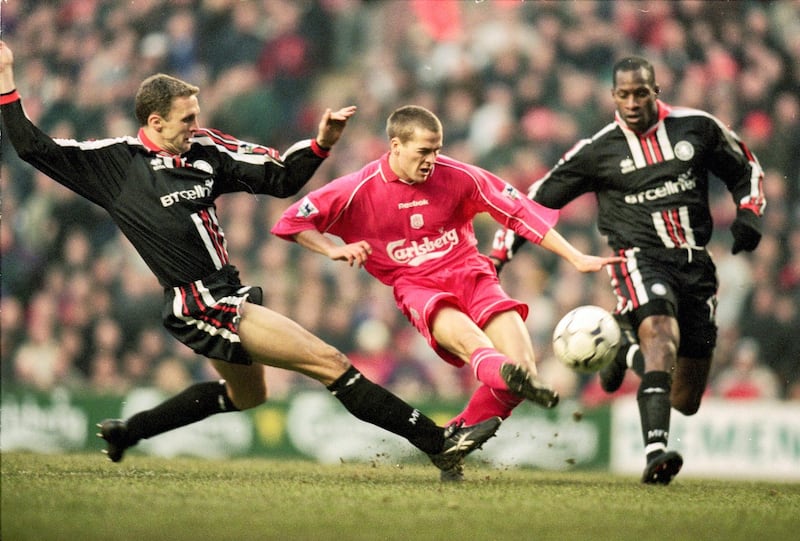 20 Jan 2001:  Michael Owen of Liverpool is closed down by Steve Vickers and Ugo Ehiogu of Middlesbrough during the FA Carling Premier League match played at Anfield in Liverpool, England. The game ended in a 0-0 draw. \ Mandatory Credit: Gary M Prior/Allsport