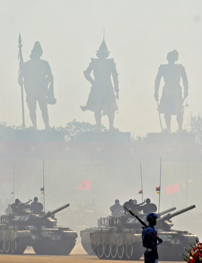 Myanmar military armed-tanks are driven during a parade to commemorate 71st Armed Forces Day in Naypyitaw, Myanmar. The country’s commander-in-chief, General Min Aung Hlaing, addressed the parade saying that principles of democracy mean holding elections that some parties win and others lose. It is the first time the event has been held since Aung San Suu Kyi’s National League for Democracy (NLD) party became the ruling party winning November 2015 elections. Aung Shine Oo / AP