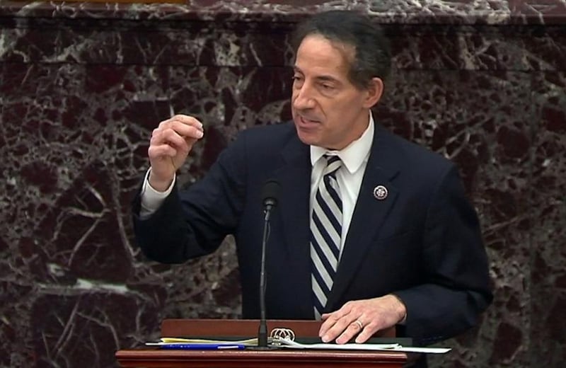 U.S. House lead impeachment manager Rep. Jamie Raskin (D-MD) pleads the impeachment managers’ case in the impeachment trial of former U.S. President Donald Trump on charges of inciting the deadly attack on the U.S. Capitol, on the floor of the Senate chamber on Capitol Hill in Washington, U.S., February 11, 2021. U.S. Senate TV/Handout via Reuters  EDITORIAL USE ONLY NO COMMERCIAL SALES