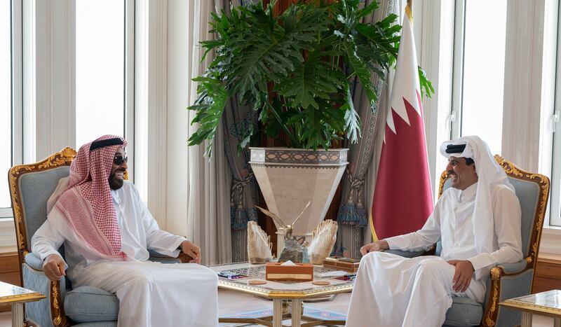 Qatar's Emir Sheikh Tamim bin Hamad Al Thani, right, with Sheikh Tahnoon bin Zayed, the UAE's National Security Adviser, in Doha. Photo: Ministry of Presidential Affairs