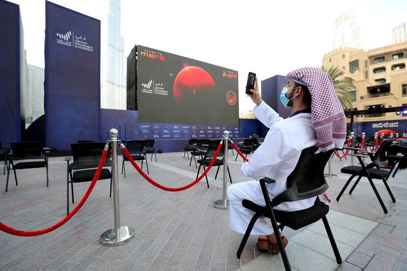 Dubai, United Arab Emirates - Reporter: Sarwat Nasir. News. Mars Mission. Guests arrive at an event at Burj Park to celebrate the Hope probe going into orbit around Mars. Tuesday, February 9th, 2021. Dubai. Chris Whiteoak / The National