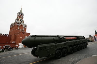 A Russian intercontinental ballistic missile launcher rolls along Red Square during the Victory Day parade to mark 72 years since the end of the Second World War. AP