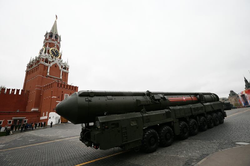 An intercontinental ballistic launcher rolls through Moscow's Red Square in May 2017. AP