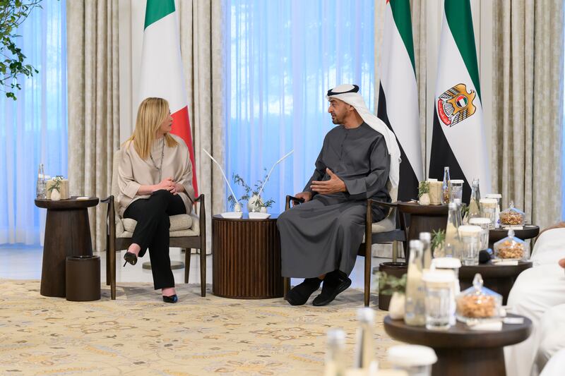 Sheikh Mohamed holds talks with Ms Meloni during her first visit to the UAE. Abdulla Al Neyadi / UAE Presidential Court