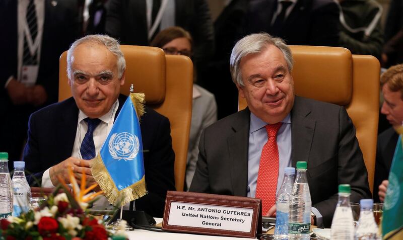 Secretary General of the United Nations Antonio Guterres and the organisation's envoy for Libya, Ghassan Salame, durring a meeting in Tunis, Tunisia. Reuters