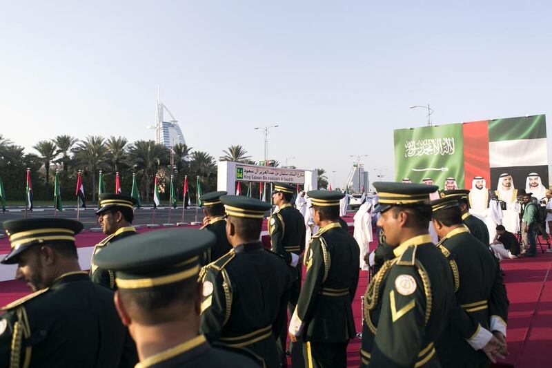 The sign for King Salman bin Abdulaziz Al Saud -formerly Al Sufouh Street - is unveiled in Dubai. Reem Mohammed / The National