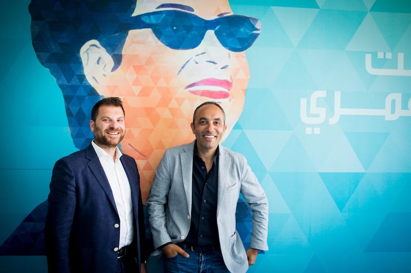 Anghami's Lebanese co-founders Eddy Maroun, left, and Elie Habib at their headquarter in Beirut. Natalie Naccache for The National