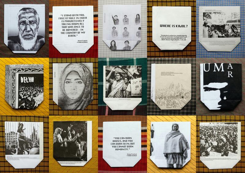 Assorted Samosa Packets from Sofia Karim’s Turbine Bagh project. Designed and made by Sofia Karim using artwork and texts from various artists and writers, 2019-ongoing.  Photograph: Sofia Karim. Courtesy Jameel Prize: Poetry to Politics at the Victoria and Albert Museum
