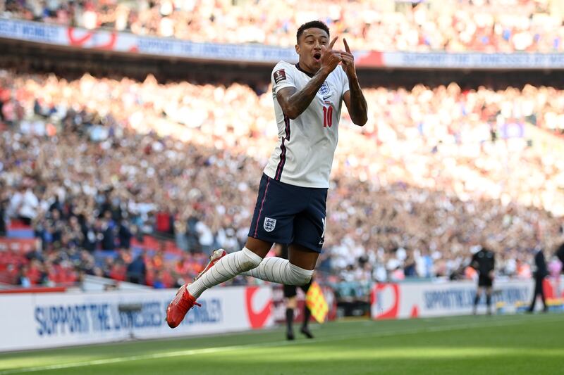 Jesse Lingard celebrates the opening goal against Andorra in England's World Cup qualifying win at Wembley Stadium on Sunday, September 5. Getty