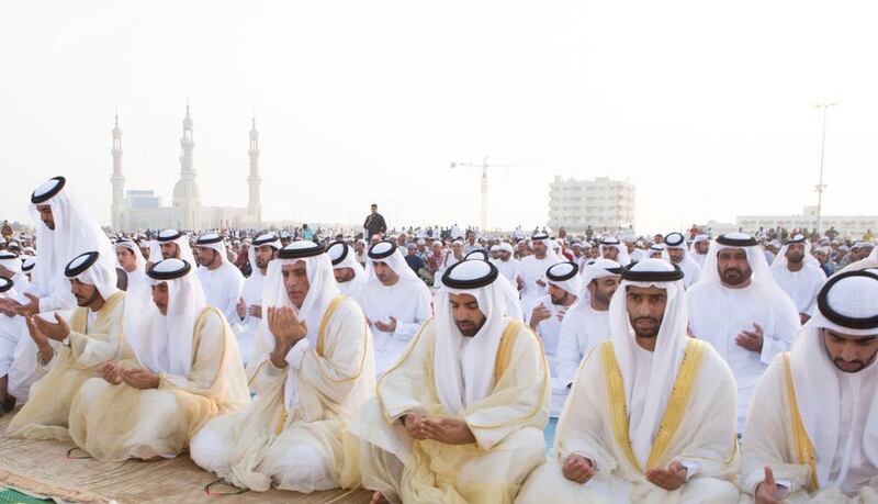 Sheikh Saud bin Saqr Al Qasimi, Ruler of Ras Al Khaimah, leads Eid prayers. Courtesy Wam