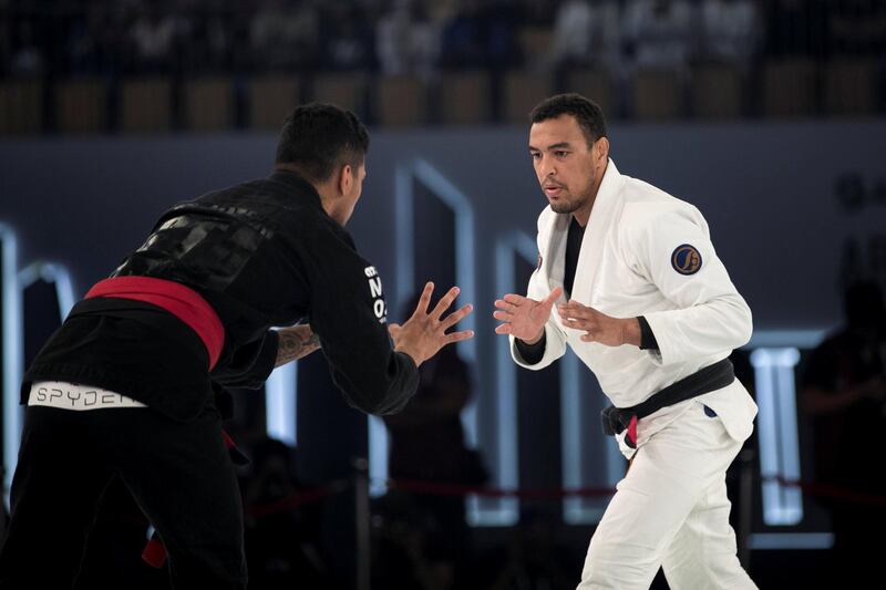 ABU DHABI, UNITED ARAB EMIRATES - April 26 2019.

Rudson Mateus Teles (BRA), in black, wins the 85kg final against Faisal Al Ketbi (UAE)  at Abu Dhabi World Professional Jiu-Jitsu Championship at Mubadala Arena.

(Photo by Reem Mohammed/The National)

Reporter: AMITH
Section: SP