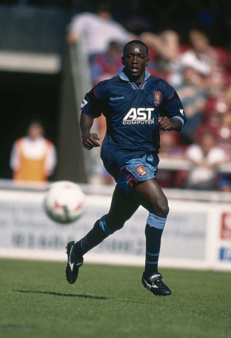 NORTHAMPTON - JULY 5:  Dwight Yorke of Aston Villa in action during the Pre-Season Friendly match between Northampton Town and Aston Villa held on July 5, 1995 at the Sixfields Stadium, in Northampton, England. (Photo by Mark Thompson/Getty Images)