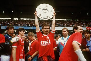 Stefan Kuntz lifts the Bundesliga Shield in 1991 with Kaiserslautern. The club would win the league title one more time, in 1998, before sliding down the German football ladder. Reuters