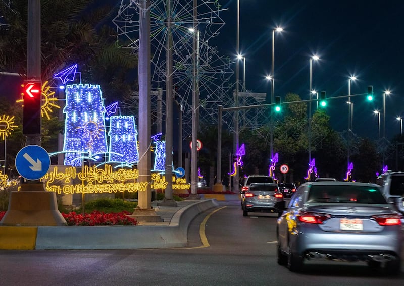Emirates, March 14, 2021.  Emirati Children's Day lights on Corniche Road.
Victor Besa/The National
Section:  NA
