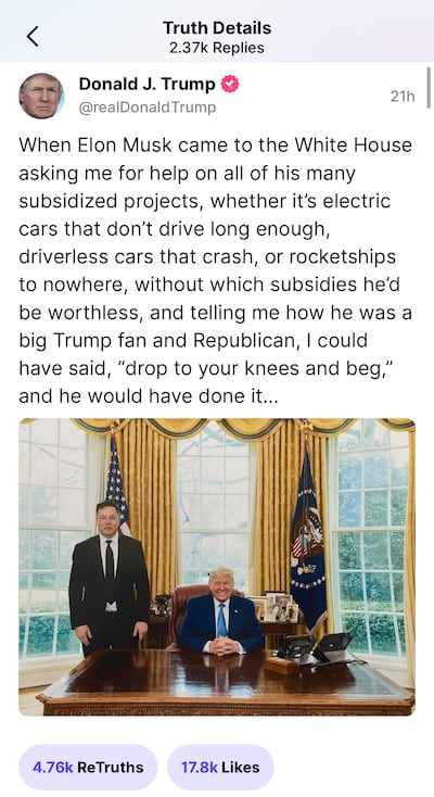 Donald Trump assailed Tesla Founder Elon Musk on the former US president's Truth Social platform. Screengrab / Truth Social