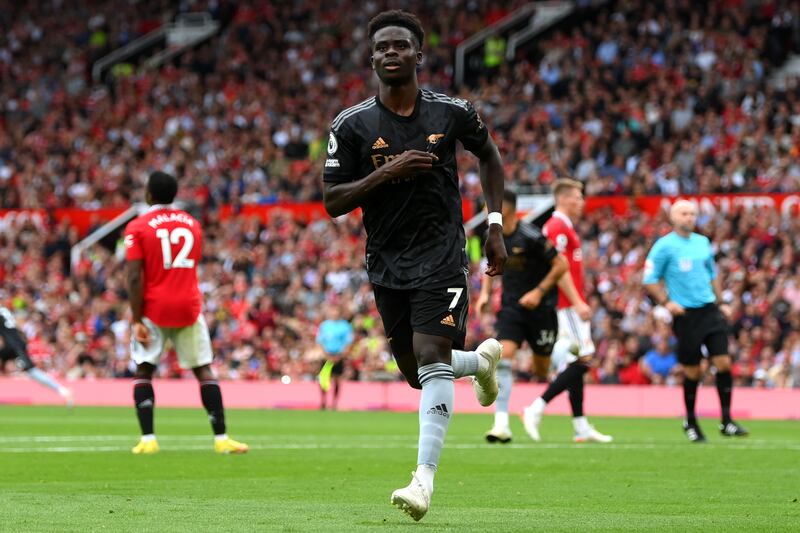 Bukayo Saka 8: Nice through ball to Martinelli before attacker’s early goal was disallowed. Left Malacia for dead with one surging first-half run. Pulled shot across face of goal just after break but made no mistake on the hour with goal that had been coming. Late booking for foul on Malacia was sign of Arsenal frustration. Getty