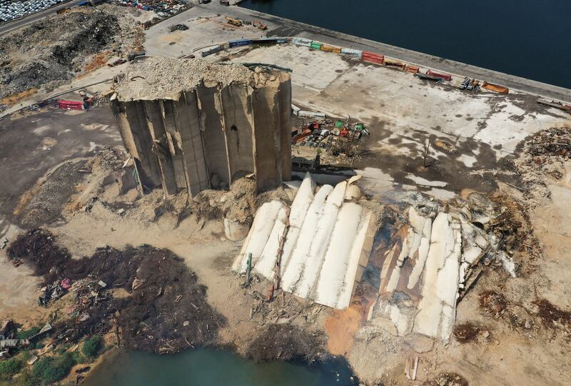 The collapsed northern section of the Beirut grain silos, damaged in the 2020 port blast, on August 23. Reuters